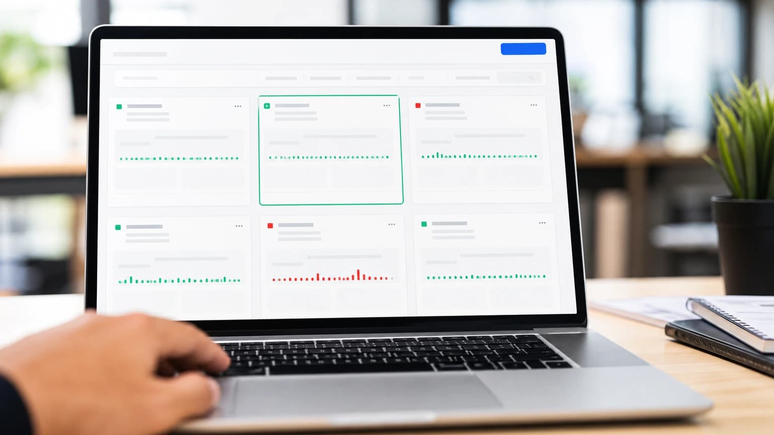 Person selecting one of six option cards on a laptop with green and red indicators.