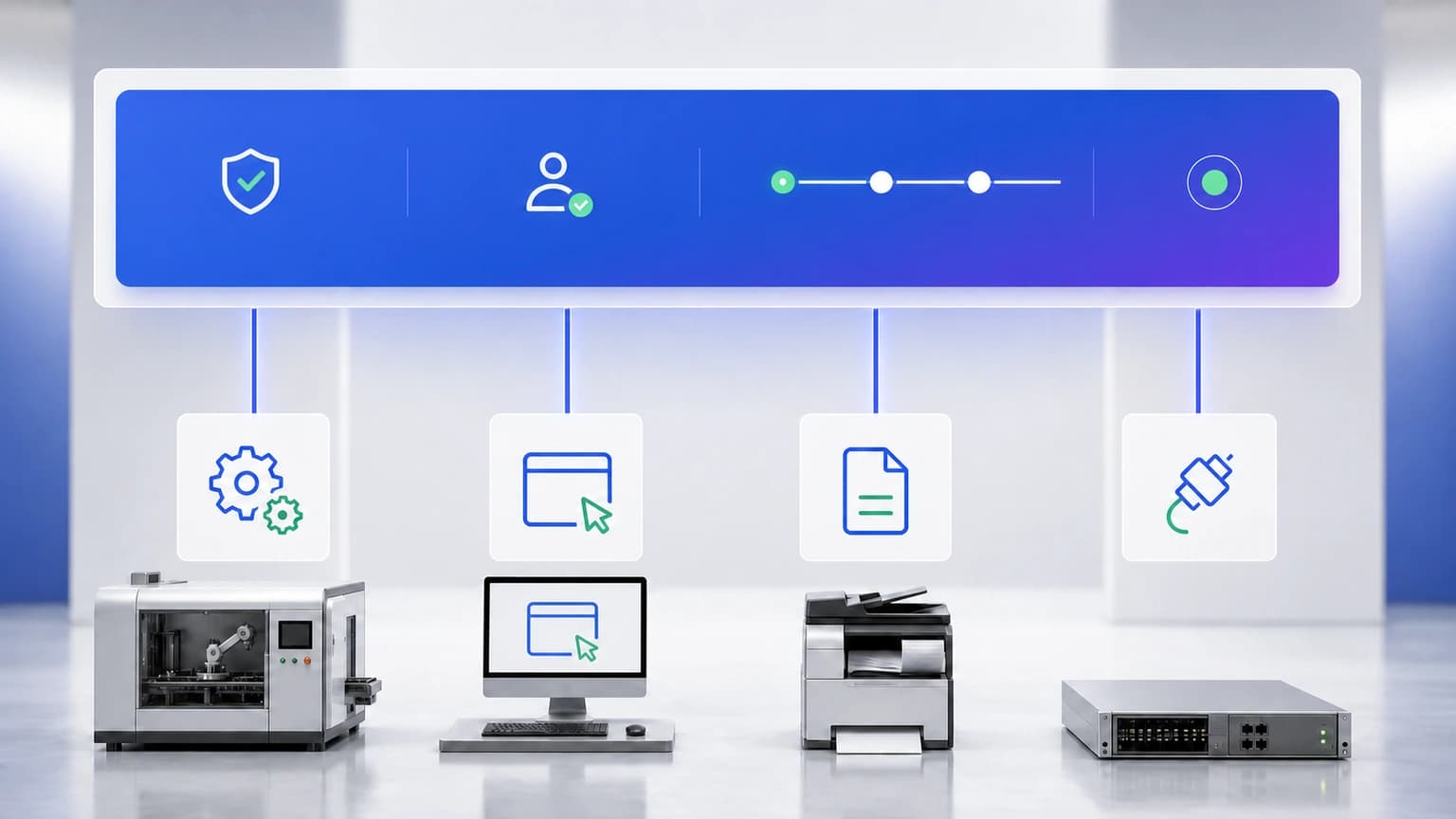 Blue-violet control plane with security, approval, flow, and status icons, connected to machinery, a computer, a printer, and a server.