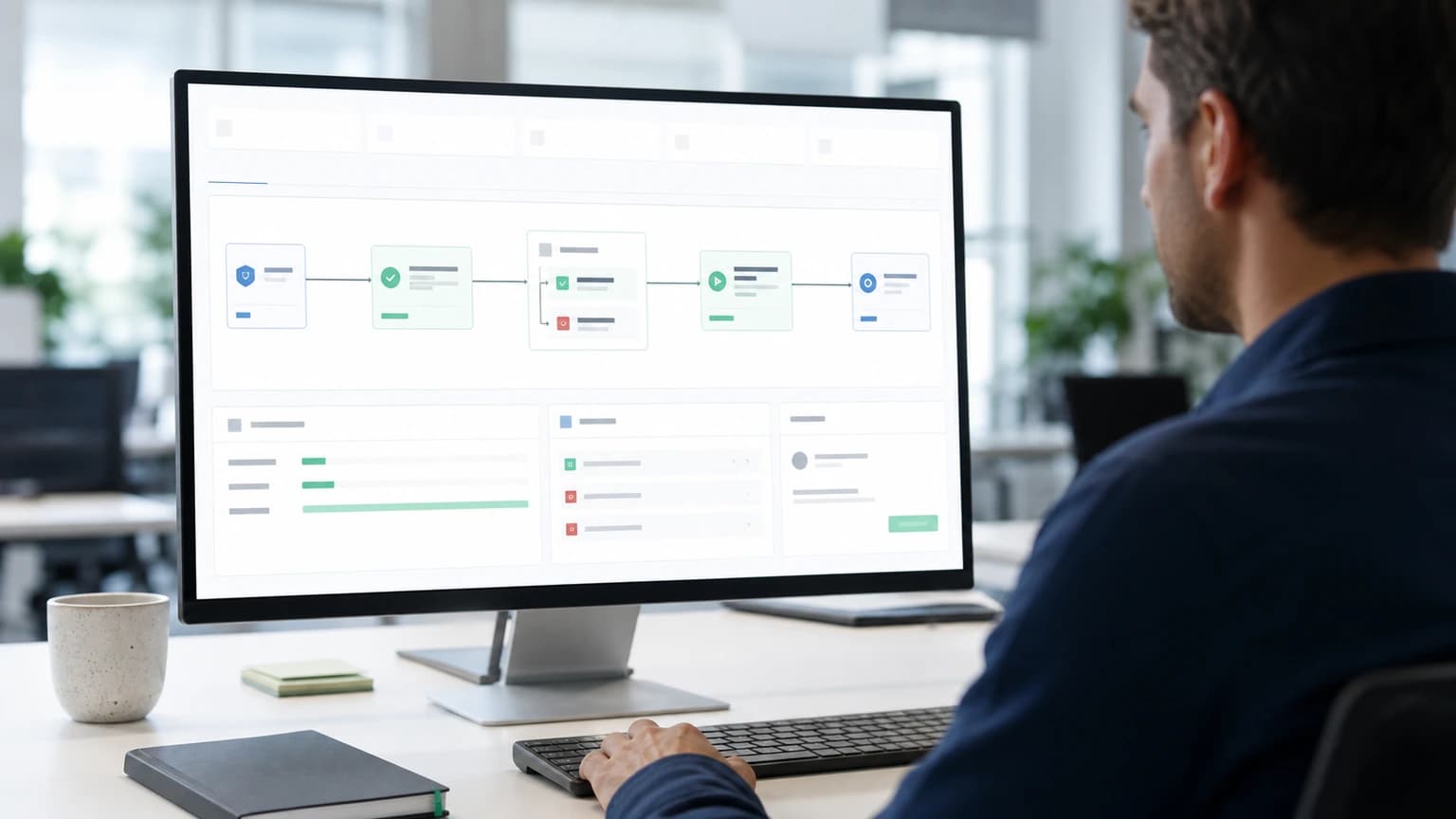 Operator facing a screen with a five-stage connected flow, a central branch, and three lower status panels.
