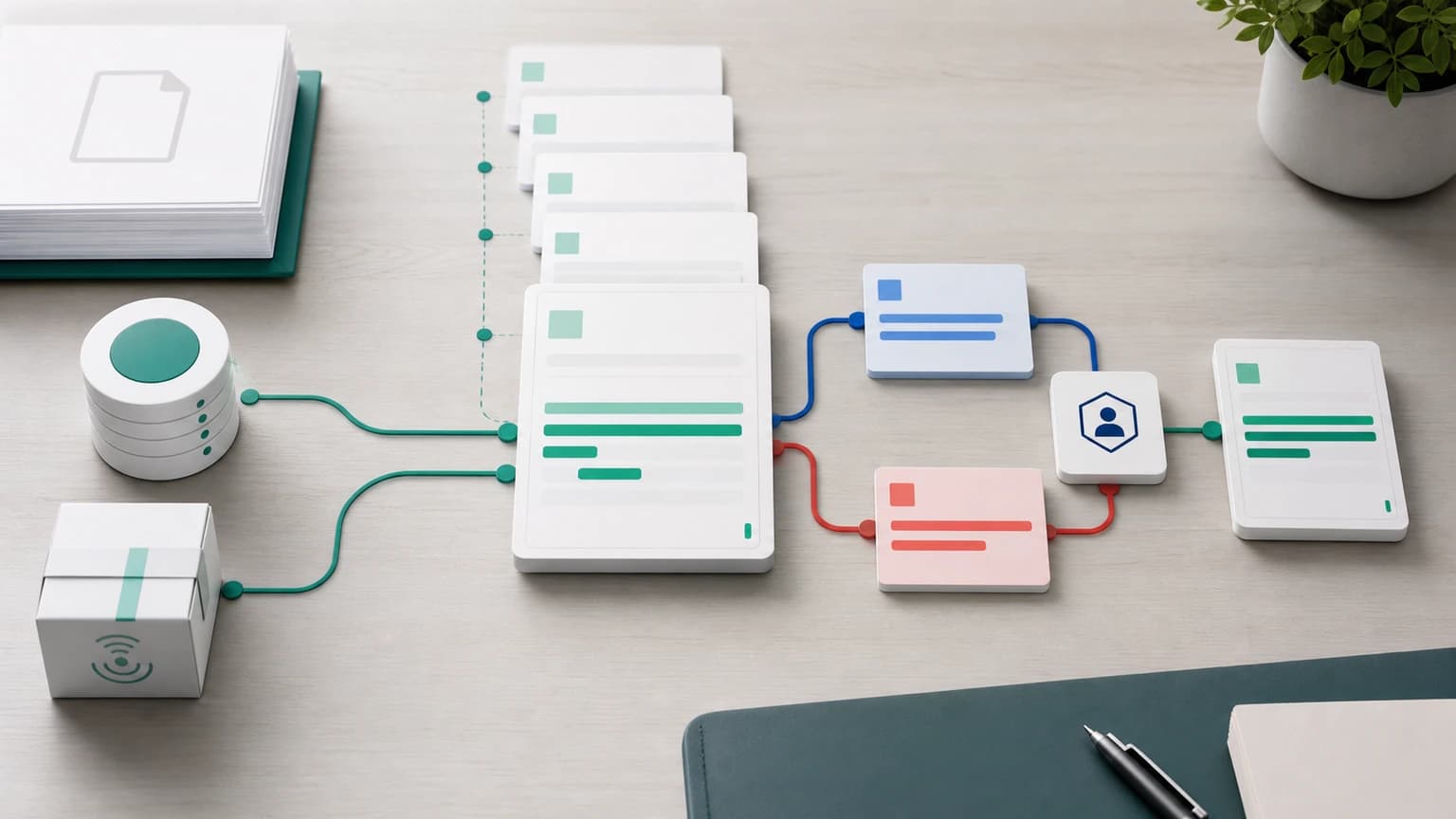 Central card connected to a database, a package, and a card history; blue and red branches lead to human review.