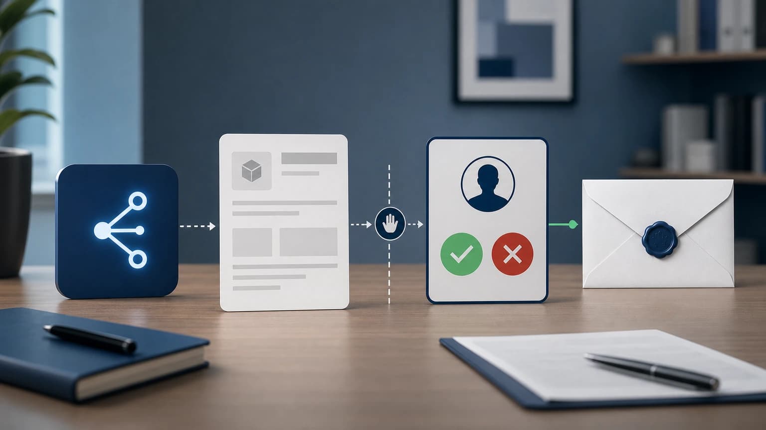 Agent card, textless draft, stop signal, human approval-or-rejection panel, and sealed envelope connected in sequence.