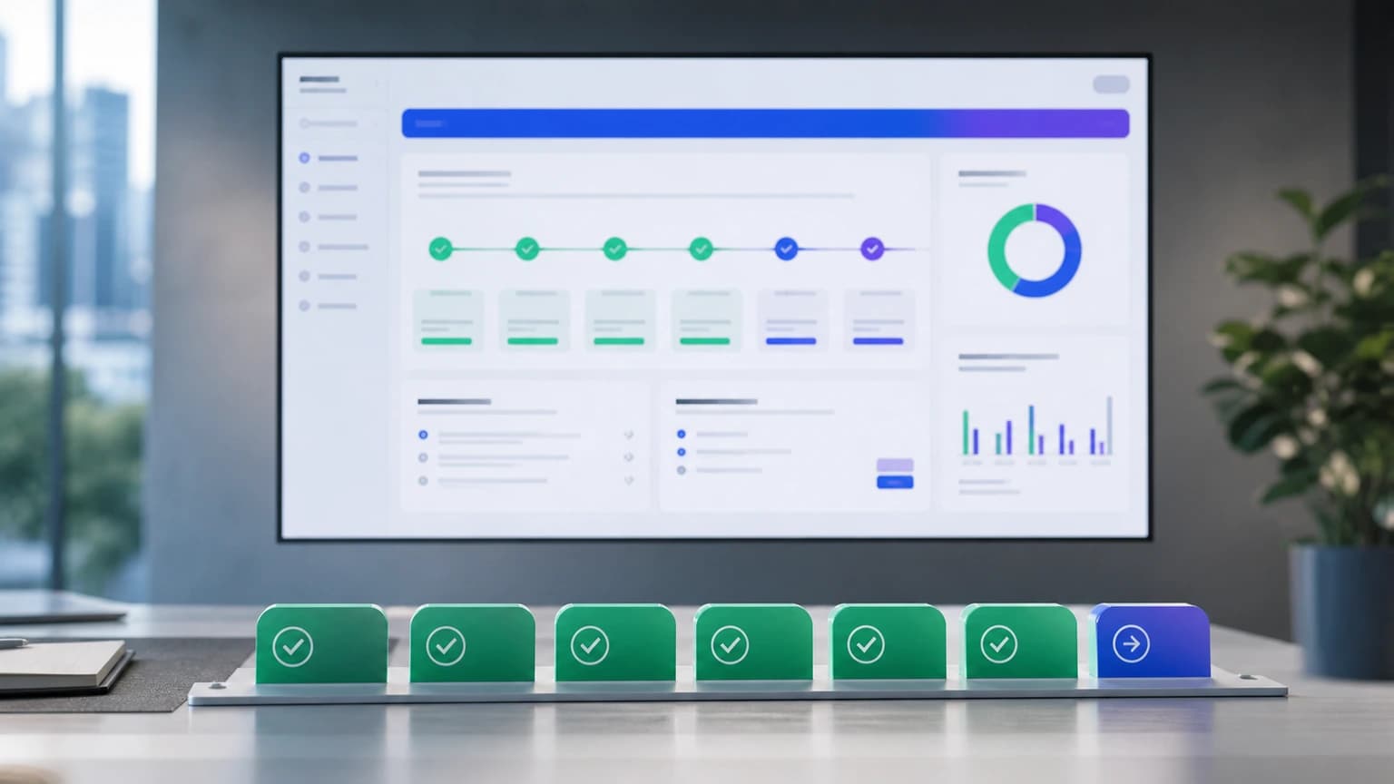 Seven tokens aligned in front of a process screen: six green tokens with check marks and one blue token with an arrow.