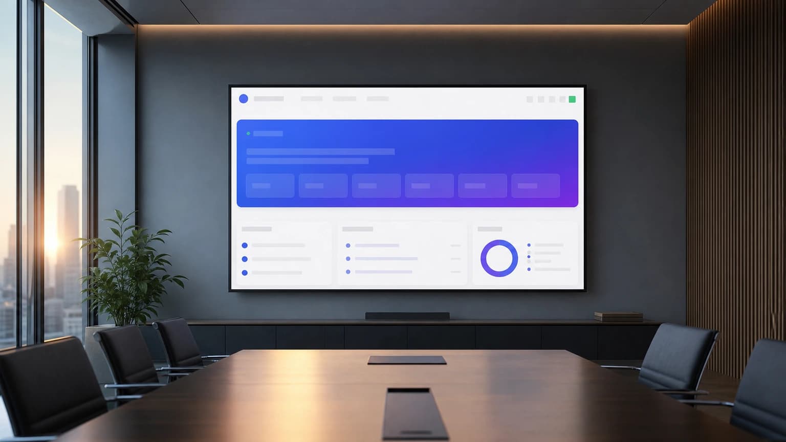 Empty executive meeting room with a wall display showing six catalog cards, status lists, and a blue-violet donut chart.