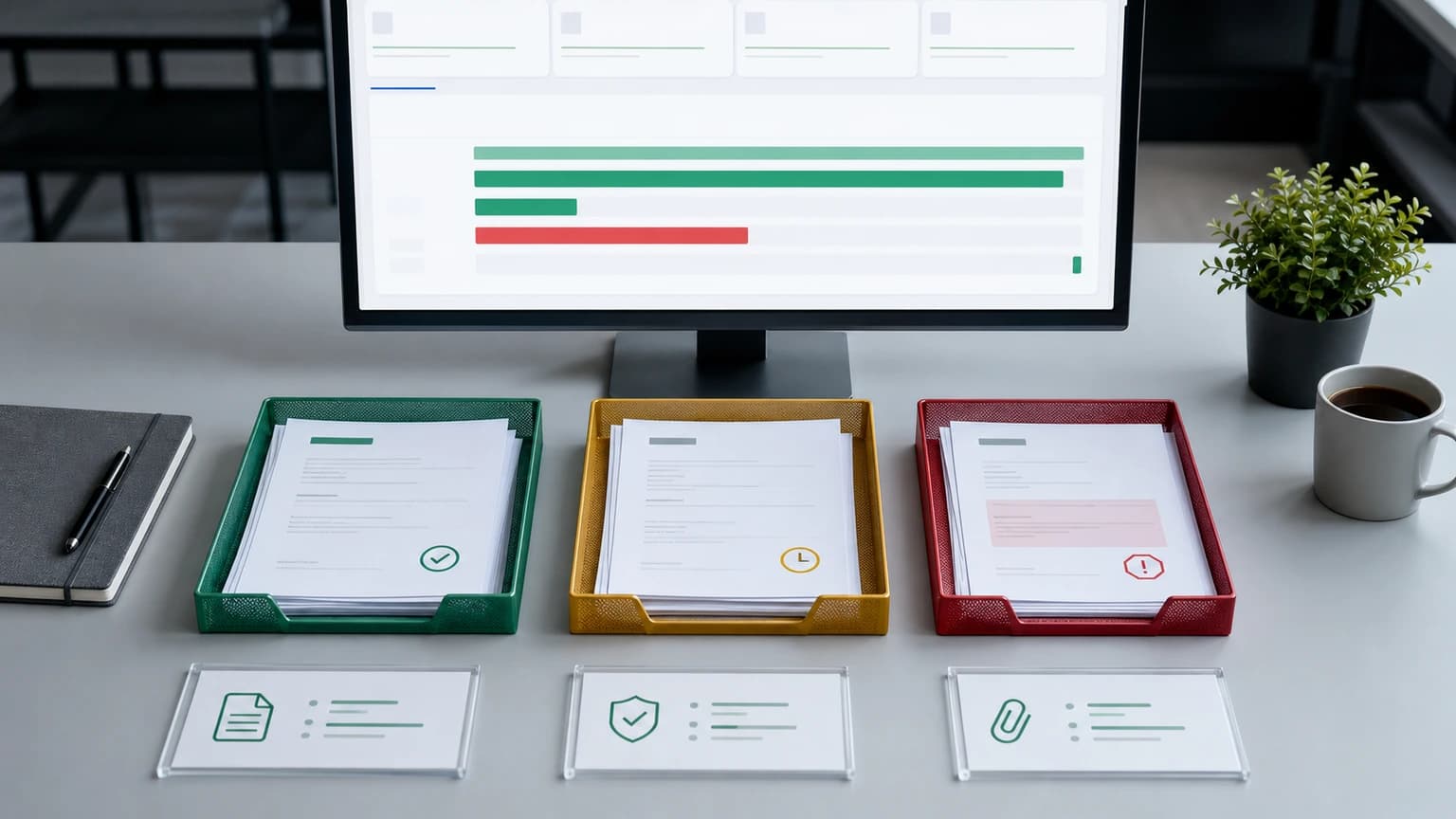 Three separate green, yellow, and red trays holding documents marked as approved, pending, and alert beneath a status dashboard.
