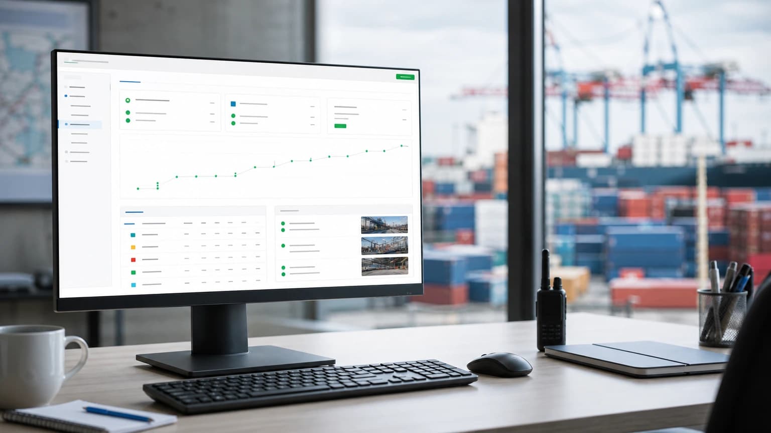Tracking dashboard with a progress line, status items, and thumbnails in front of a container terminal.