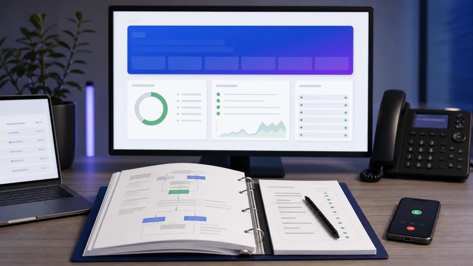 Open binder with a flowchart and checklist beside a desk phone, a mobile phone on a call, and a status screen with no readable text.