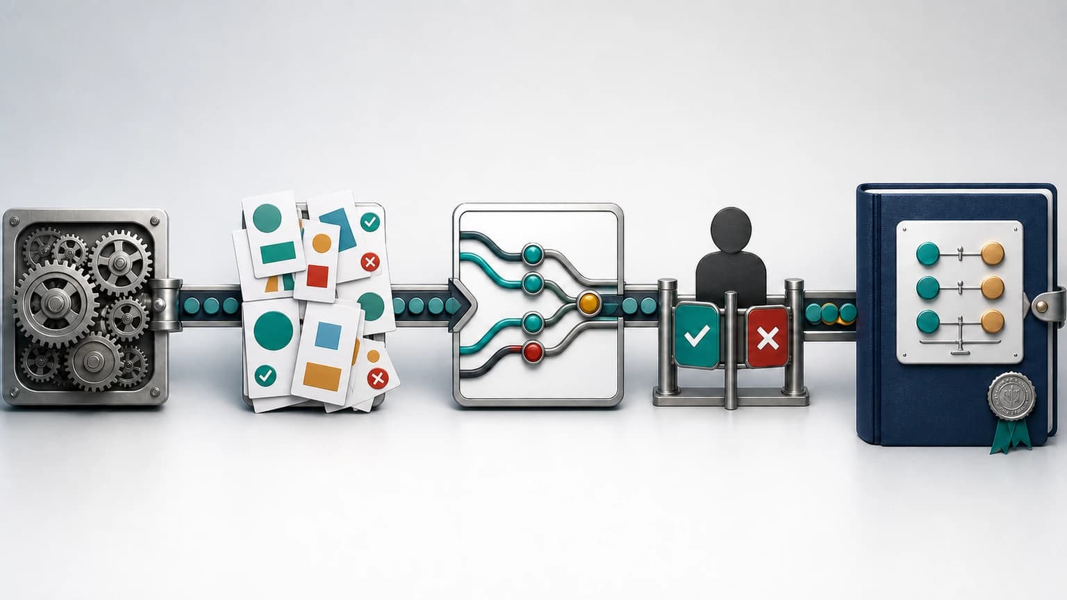 Mechanical gears, mixed cards, classification paths, human control, approval gate, and record book connected in a horizontal flow.