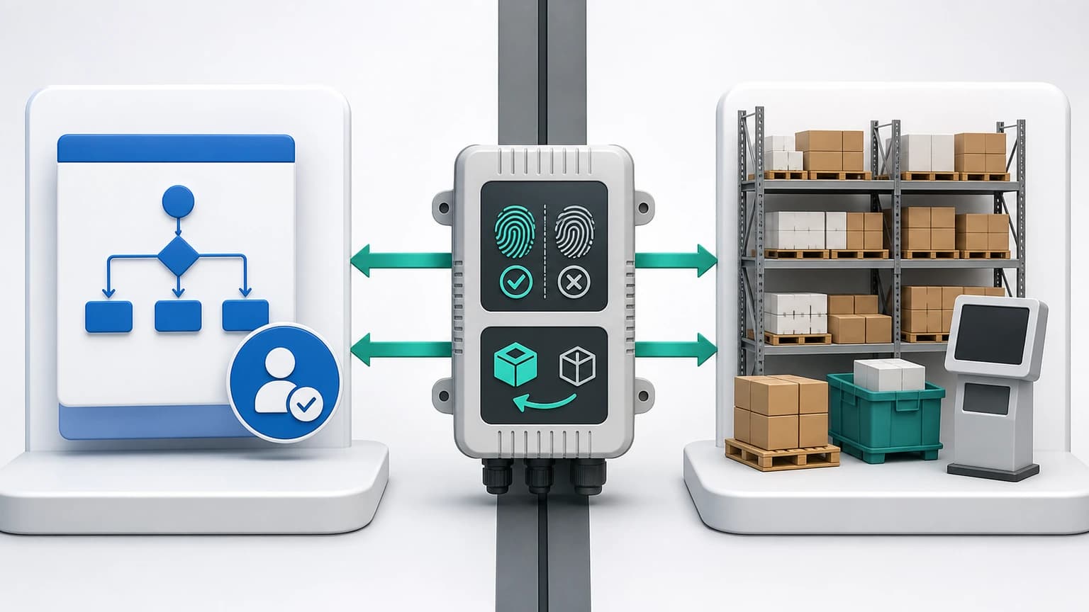 Blue workflow system and warehouse with boxes, separated by a bidirectional gateway showing fingerprints, validation, and package exchange.