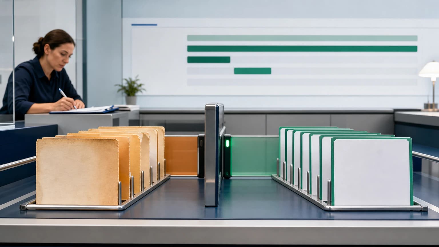 Two file queues, one amber and one green, separated by an illuminated gate, with a person reviewing them in the background.