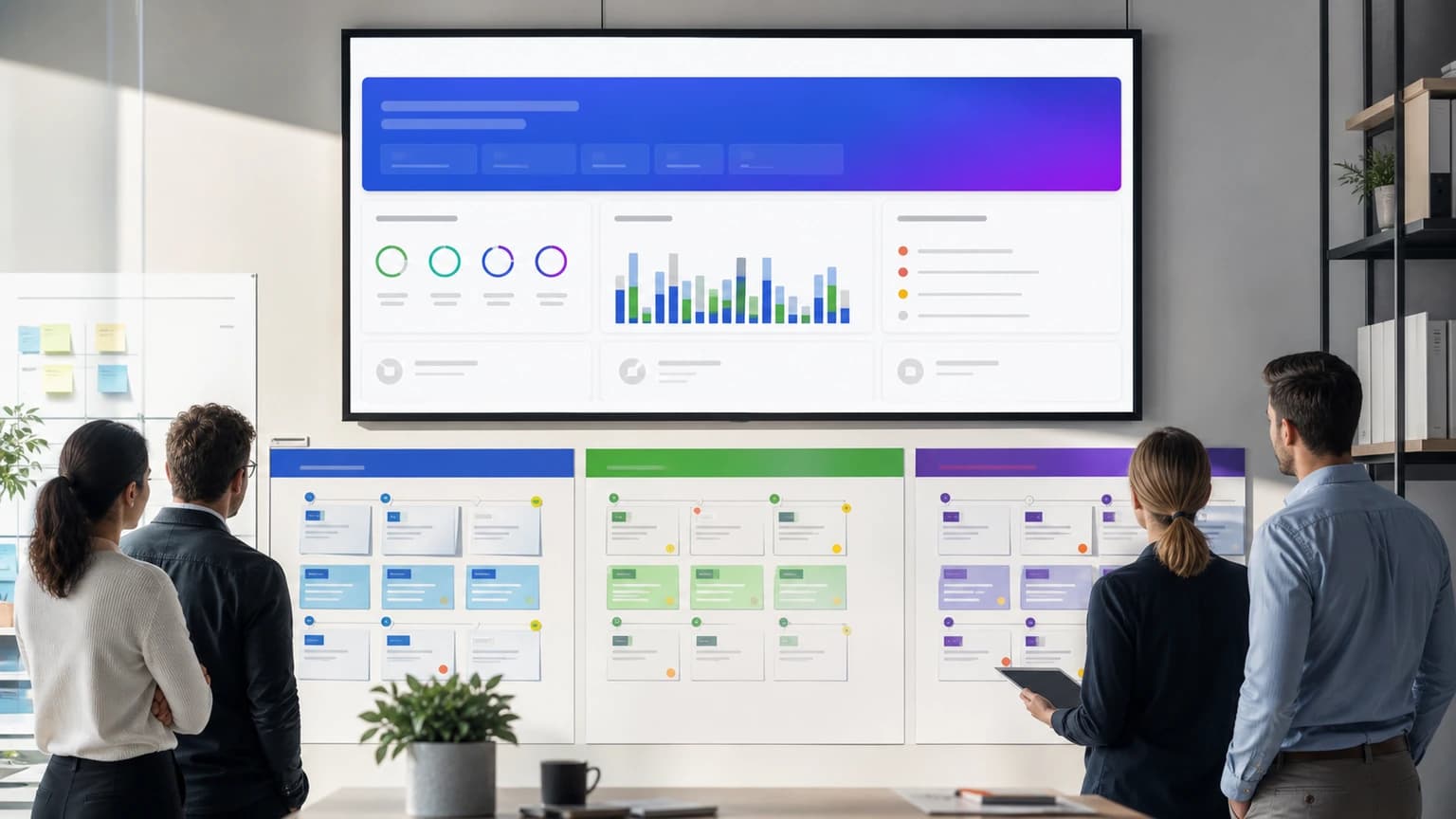 Four people review three physical boards with blue, green, and purple cards beneath a screen with indicators and charts.
