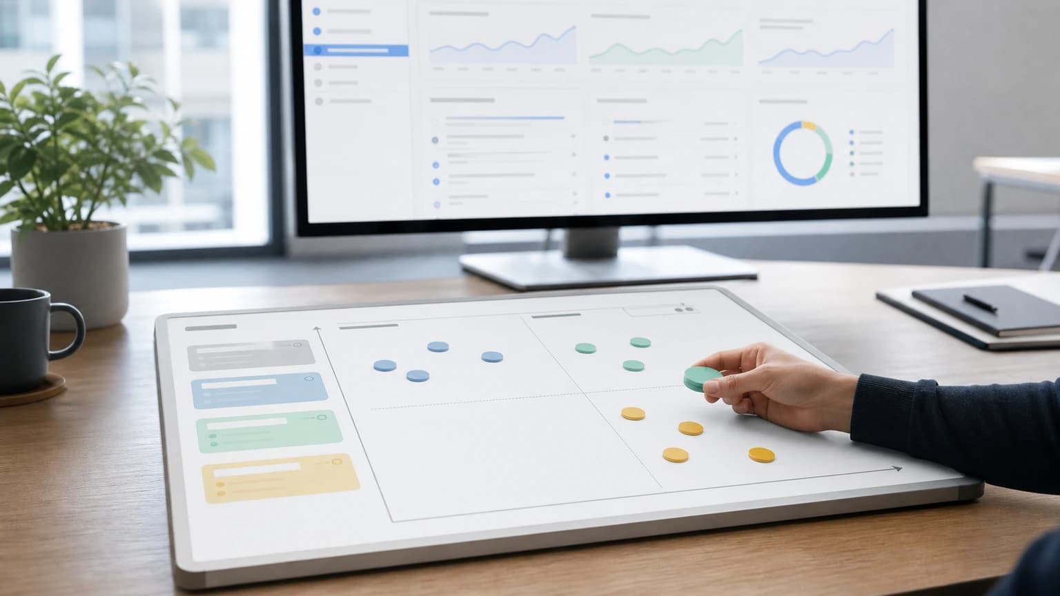 Physical four-quadrant matrix with blue, green, and yellow tokens as a person moves one token in front of an analytics dashboard.