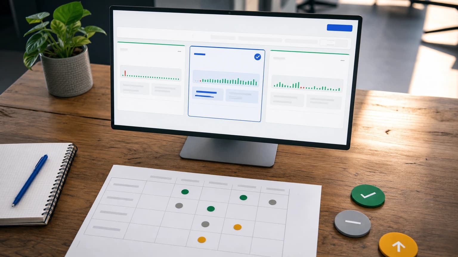 Prioritization matrix on a working table with process cards, a portfolio view, and a human decision control.