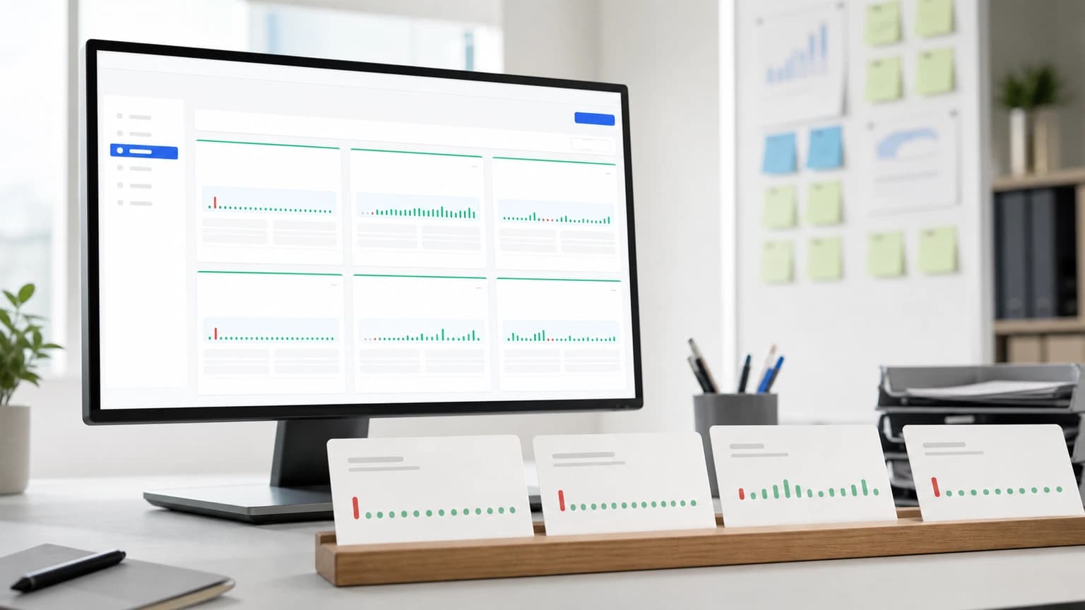Display with six operational cards and four physical cards with red and green indicators on a desk.