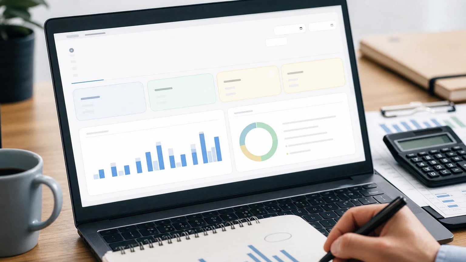 Analyst reviewing a bar-and-distribution dashboard on a laptop beside a calculator, reports, and a notebook.