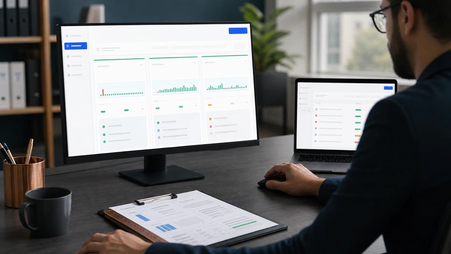 Sales operator reviewing three status cards on a monitor, a list on a laptop, and a printed report on the desk.