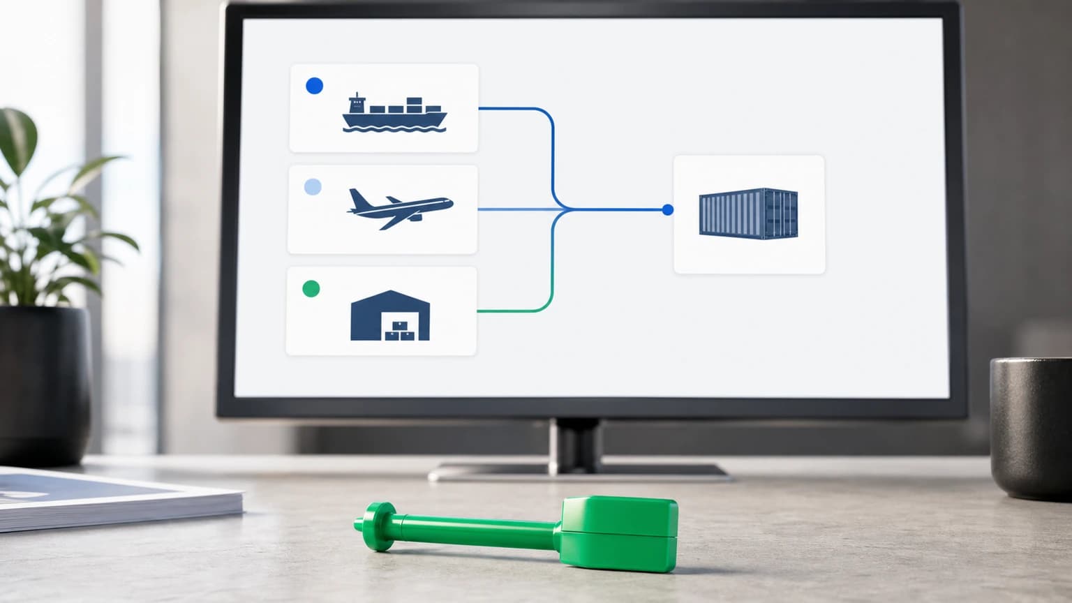 Monitor with ship, airplane, and warehouse cards connected to a central container, beside a solid green physical seal with no text.
