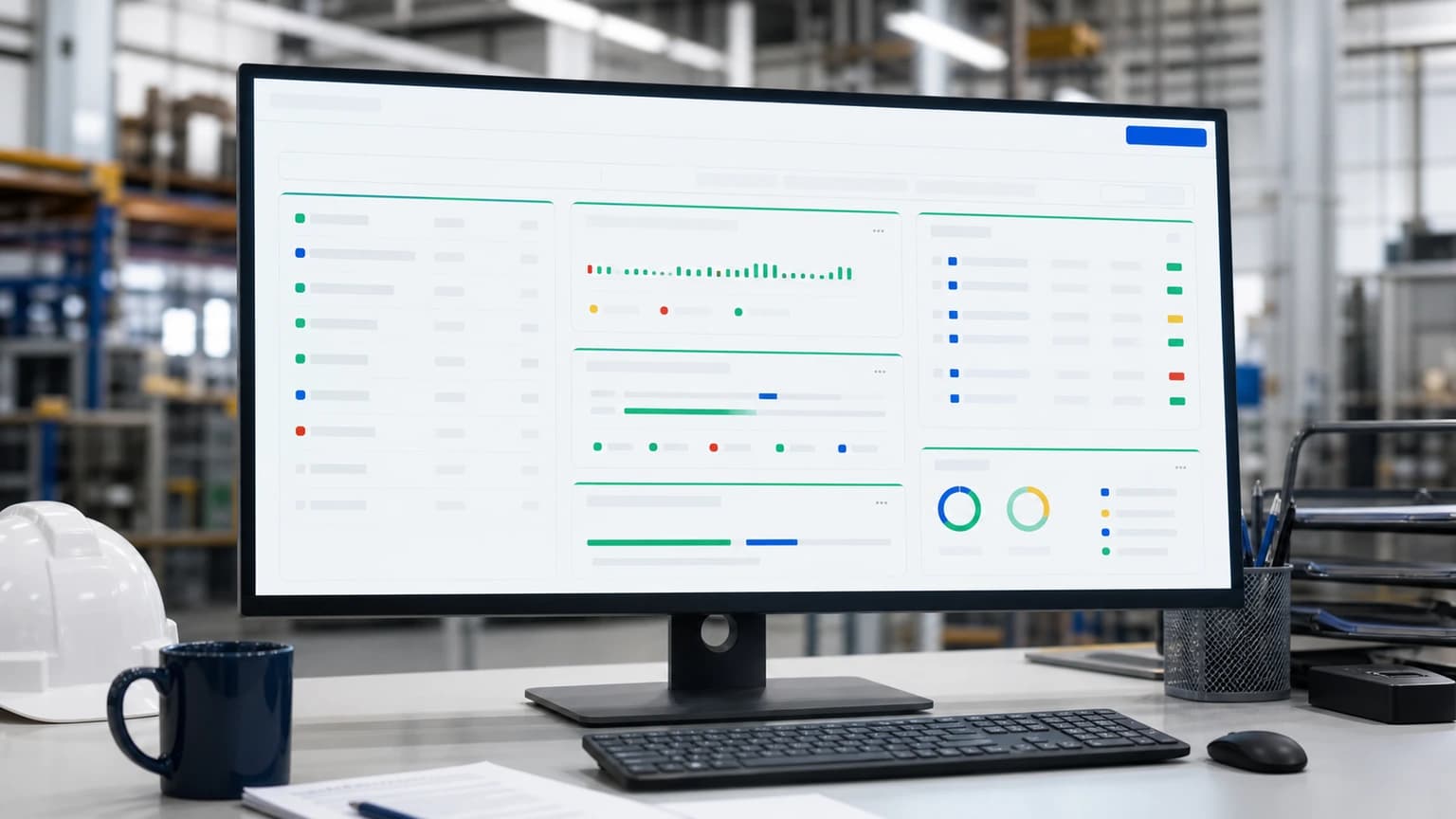 Puesto industrial con casco de seguridad y monitor frontal que muestra listas de estado, barras de actividad y gráficos circulares.