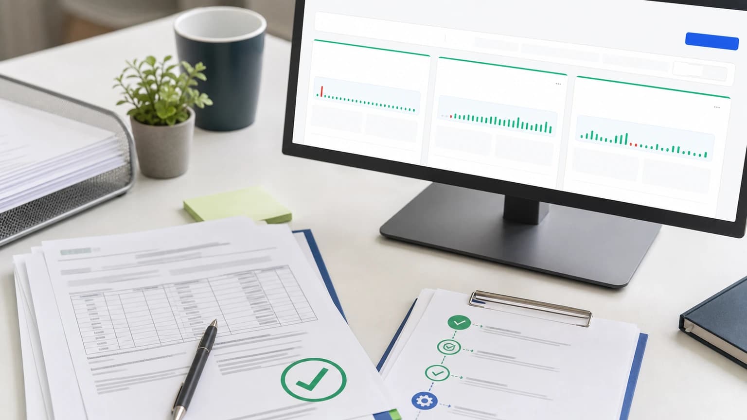 Documentos con marcas de verificación y una secuencia de validación junto a un monitor con tres tarjetas de estado.