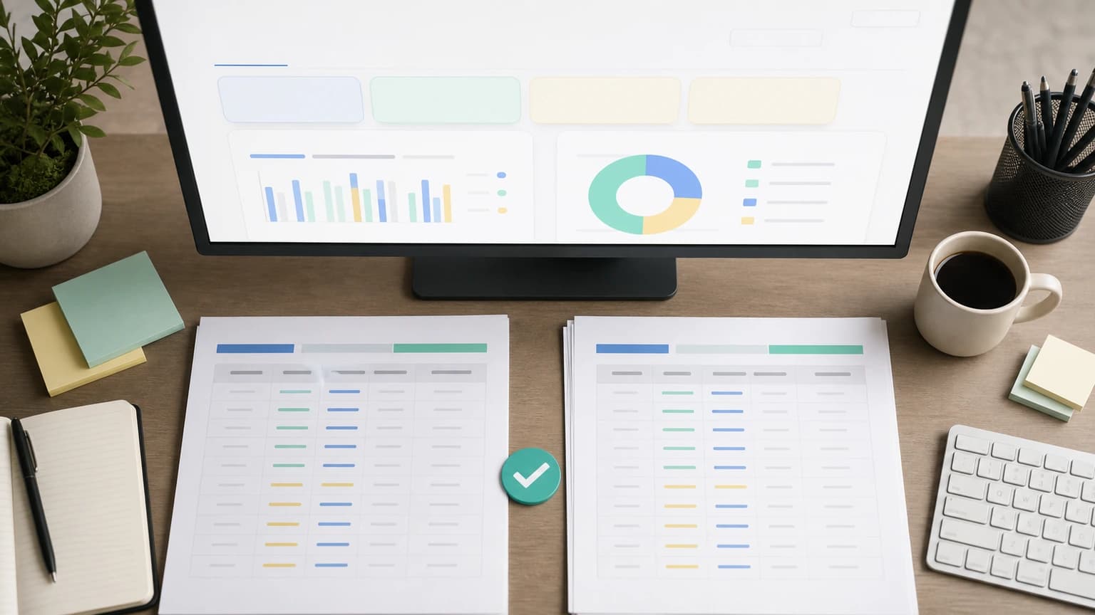 Vista cenital de un monitor con gráficos de barras y distribución sobre dos tablas impresas alineadas y una ficha verde de validación.