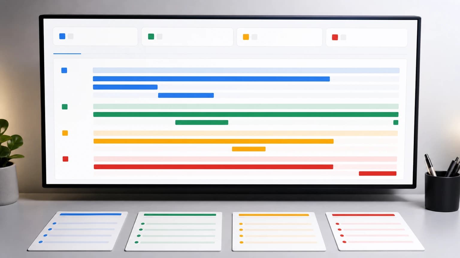 Cuatro tarjetas físicas azules, verdes, amarillas y rojas bajo una pantalla con cuatro carriles horizontales de los mismos colores.