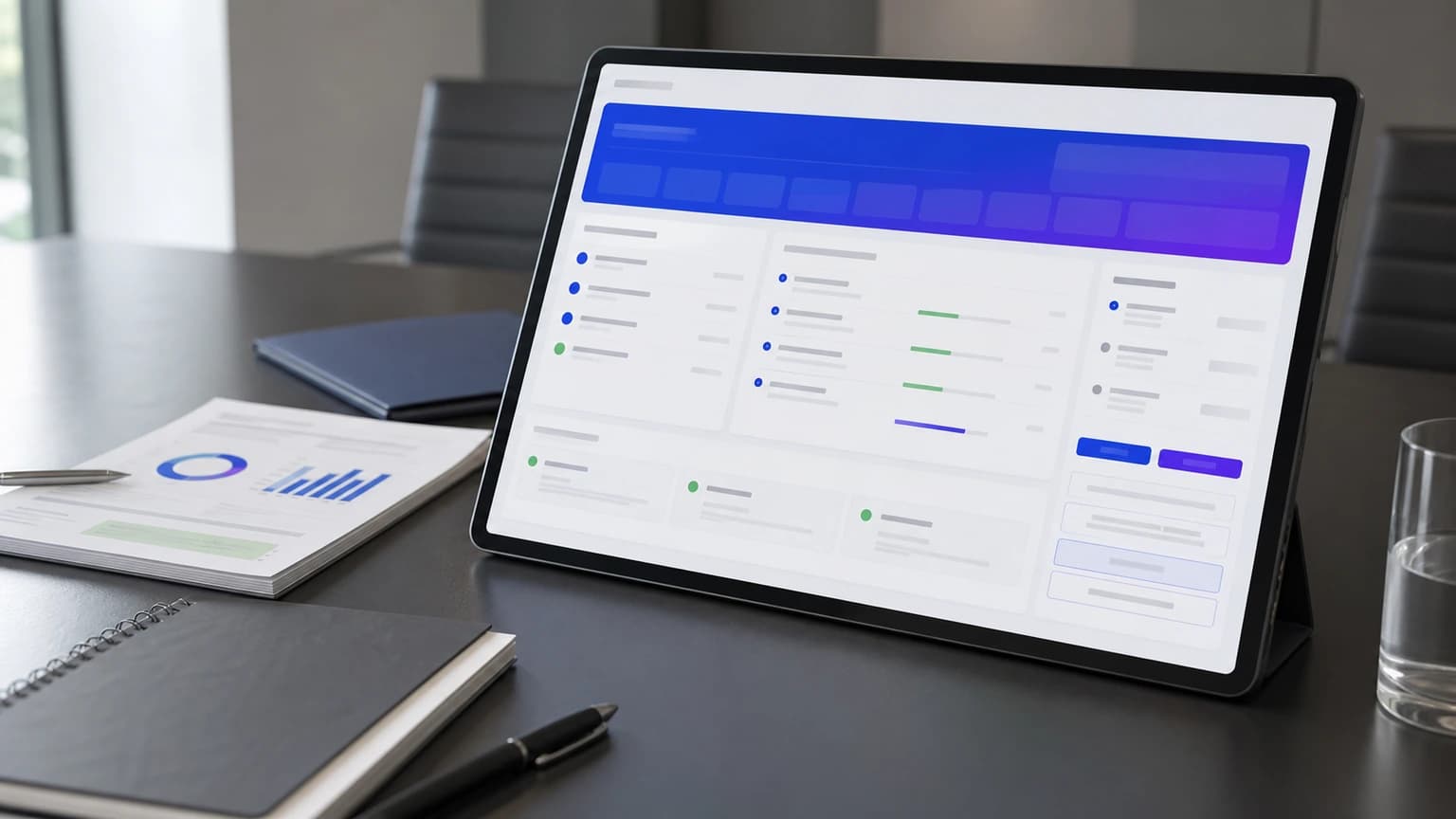 Tableta con un panel de portafolio junto a un reporte impreso con gráficos y un cuaderno.
