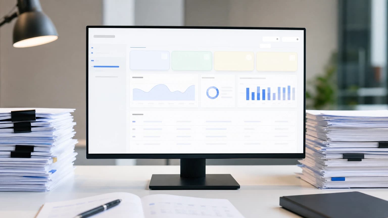 Panel ejecutivo con gráfico de tendencia, gráfico circular, barras y tabla entre dos pilas de documentos.